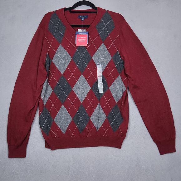 Croft & Barrow Sweater Mens Large Red Gray Argyle V-Neck Pullover Classic Knit - Picture 1 of 14